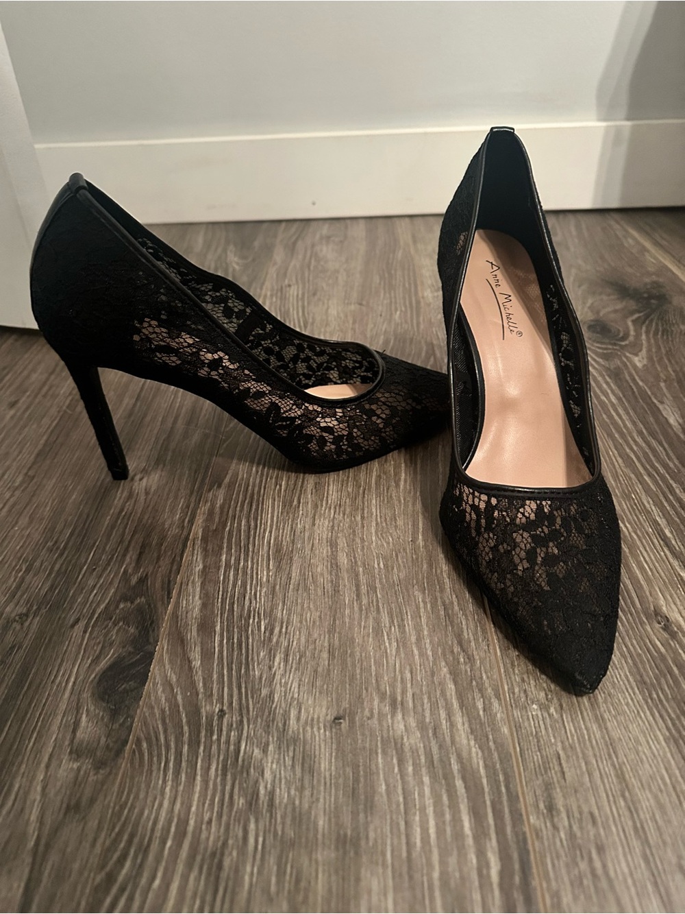 Anne Michelle Black Lace Pointed Toe Stiletto Heels